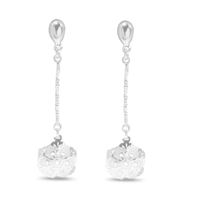 Brinco de Prata Leve Fio Diamantado com Flor