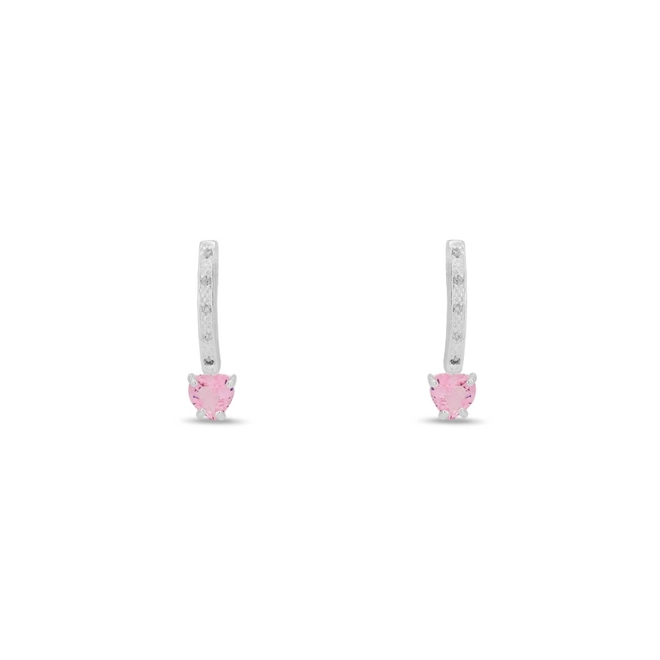 Brinco De Prata Leve Com Zircônia Cristal E Coração de Zircônia Rosa