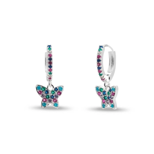 Brinco De Prata Leve Argola Linha Clic Com Borboleta de Zircônias Coloridas