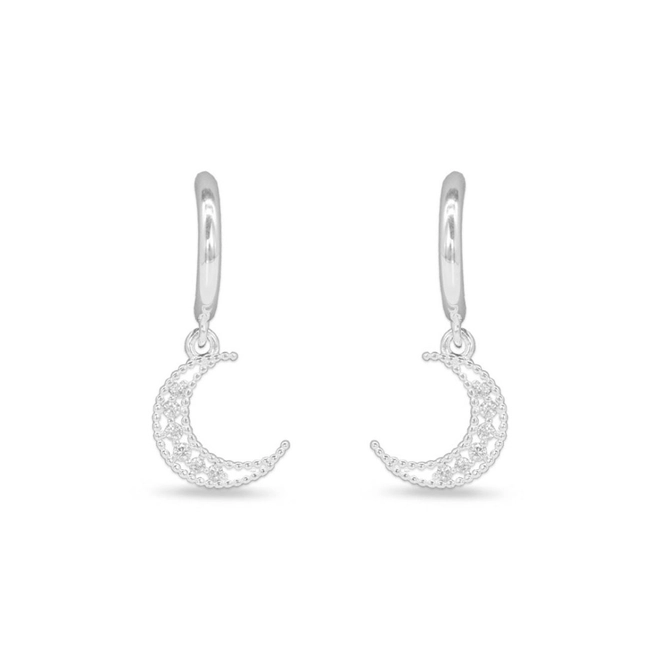 Brinco de Prata Leve Argola Articulada com Lua e Zircônia Cristal