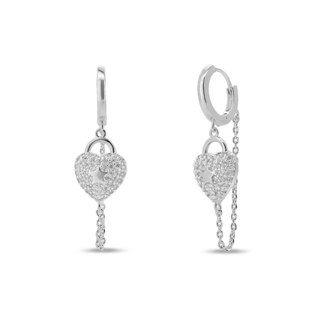 Brinco De Prata Leve Argola Clic com Corrente e Coração com Zircônia Cristal