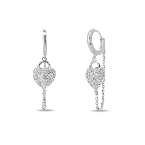 Brinco De Prata Leve Argola Clic com Corrente e Coração com Zircônia Cristal
