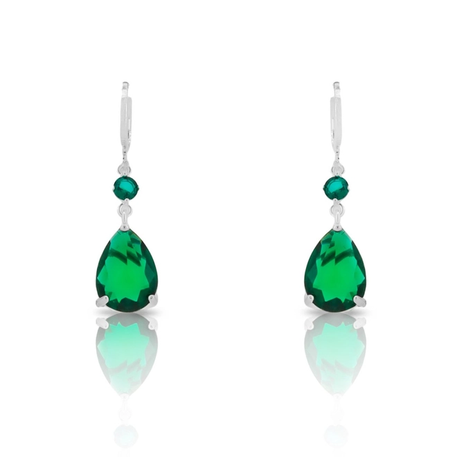 Brinco De Prata Leve Balanço Argola com Gota de Zircônia Esmeralda