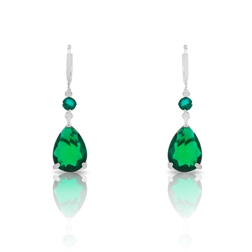 Brinco De Prata Leve Balanço Argola com Gota de Zircônia Esmeralda