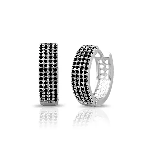 Brinco De Prata Leve Argola Click com Quatro Fileiras de Zircônia Ônix