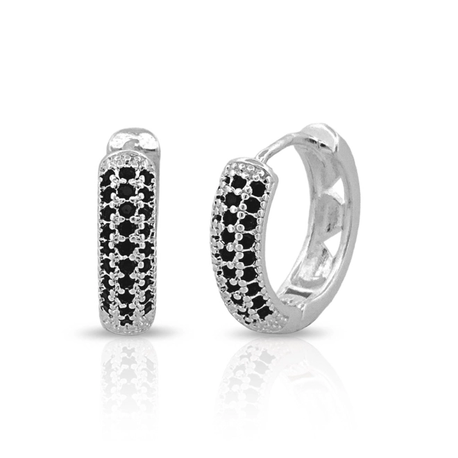 Brinco De Prata Leve Argola Clic com Zircônia Ônix