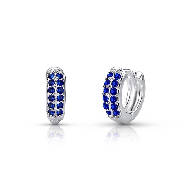 Brinco De Prata Leve Argola Clic com Duas Fileiras de Zircônia Safira P