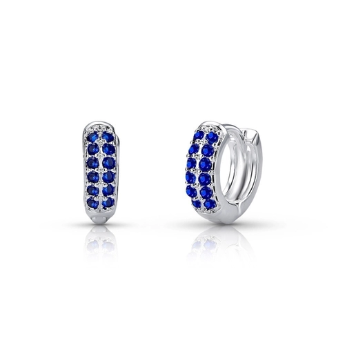 Brinco De Prata Leve Argola Clic com Duas Fileiras de Zircônia Safira P