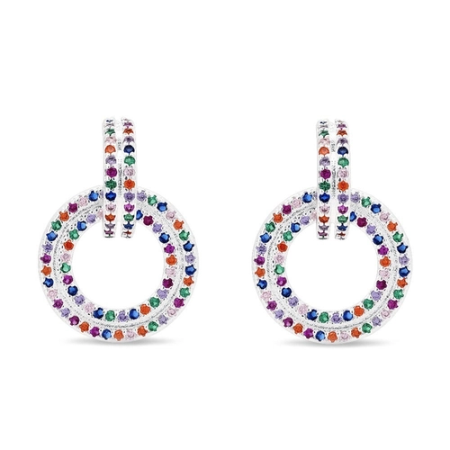 Brinco De Prata Leve Balanço Redondo com Zircônias Coloridas