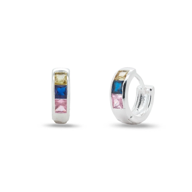 Brinco De Prata Leve Argola Linha Clic Com Zircônia Colorida