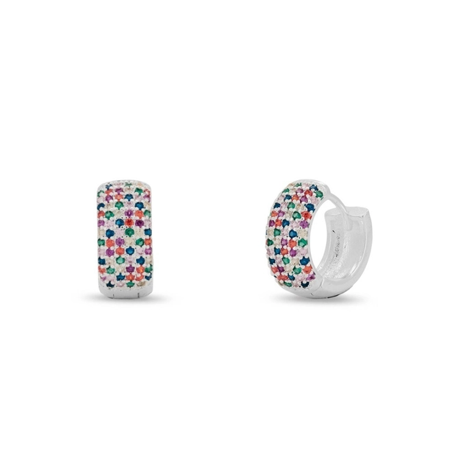 Brinco de Prata Leve Argola Clic com Zircônias Coloridas Cravejadas