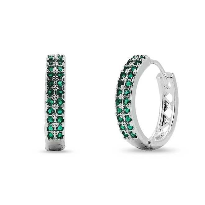 Brinco De Prata Leve Argola Click com Zircônias Esmeralda M
