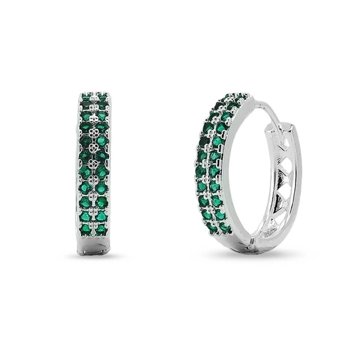Brinco De Prata Leve Argola Click com Zircônias Esmeralda M