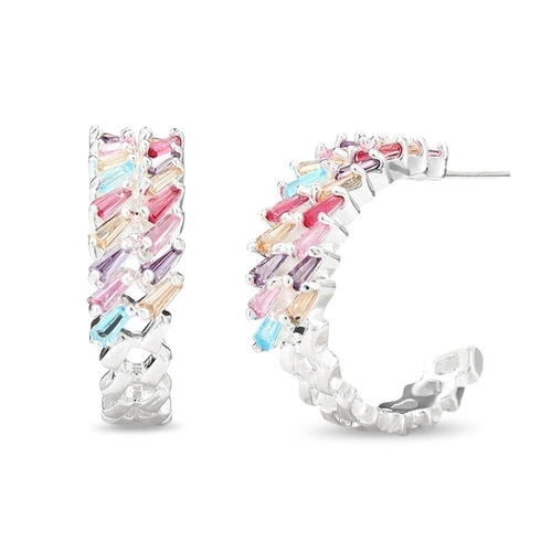 Brinco De Prata Leve Argola Com Zircônias Coloridas