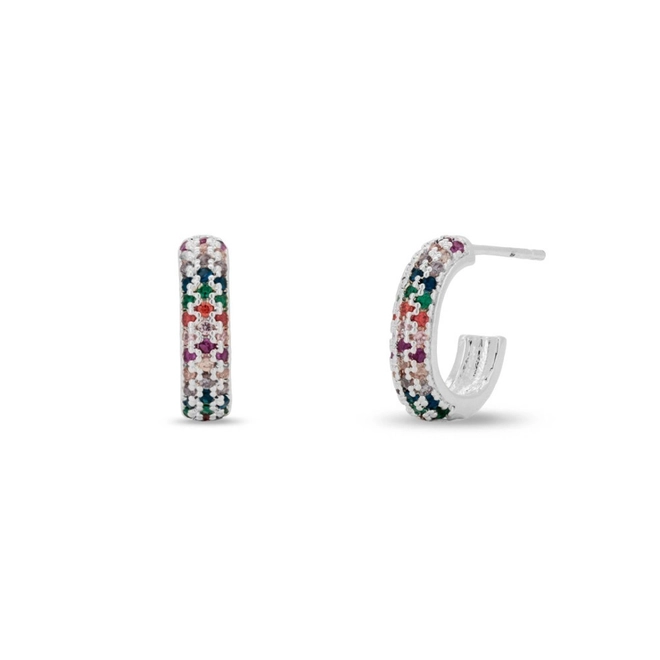 Brinco de Prata Leve Argola com Zircônias Coloridas Cravejadas