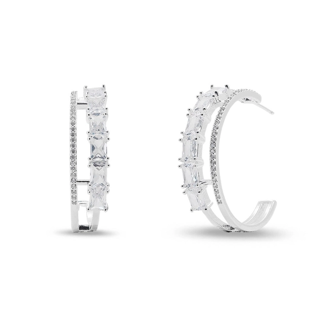 Brinco De Prata Leve Argola Com Zircônia Cristal Retangular e Redonda