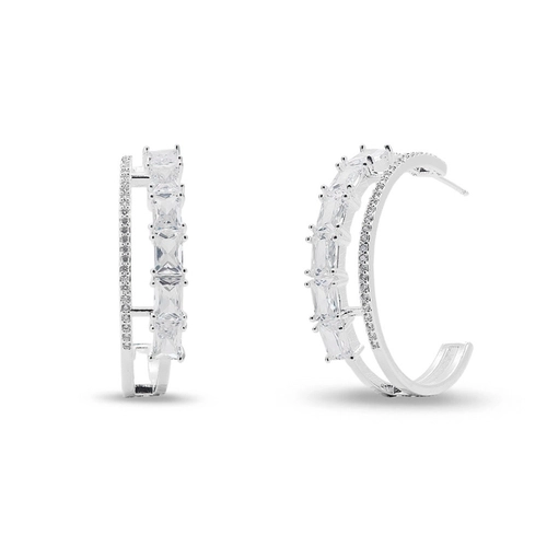 Brinco De Prata Leve Argola Com Zircônia Cristal Retangular e Redonda
