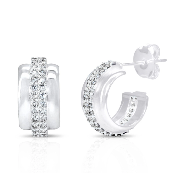 Brinco de Prata Leve Argola Espelhada com Zircônias Cristal