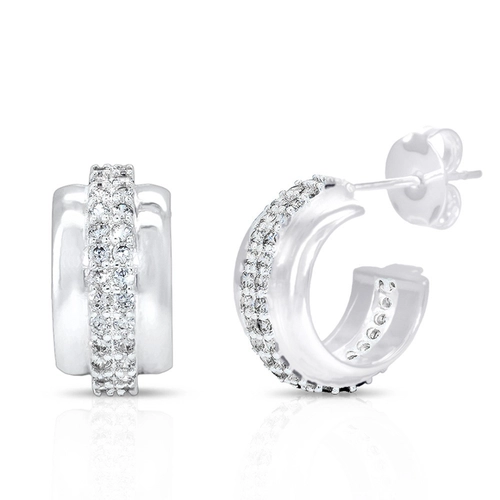 Brinco de Prata Leve Argola Espelhada com Zircônias Cristal