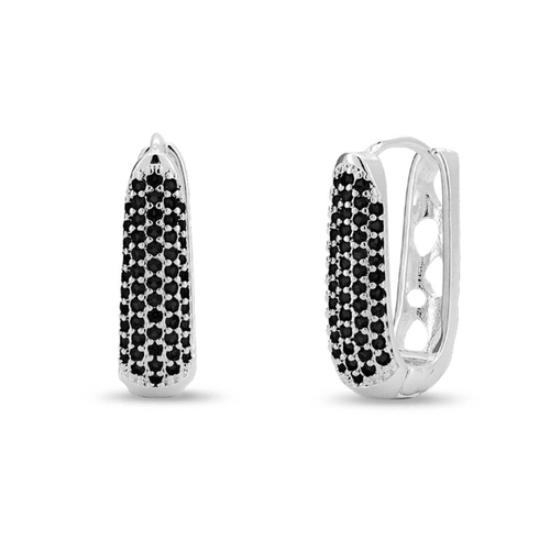 Brinco De Prata Leve Argola Clic Oval com Zircônias Ônix