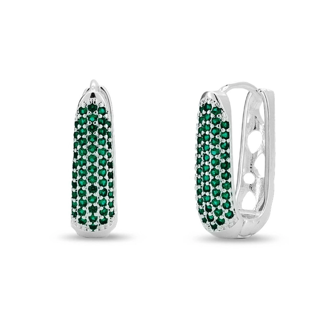 Brinco De Prata Leve Argola Oval Com Zircônias Esmeralda