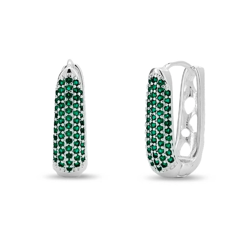 Brinco De Prata Leve Argola Oval Com Zircônias Esmeralda