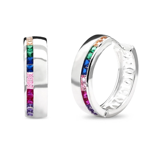 Brinco De Prata Leve Argola Com Zircônia Colorida