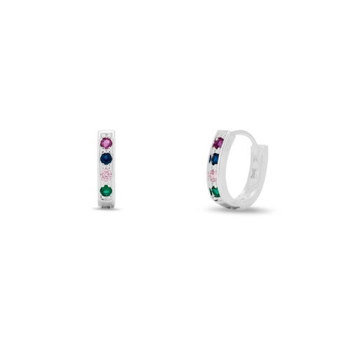 Brinco de Prata Leve Argola Clic com Zircônias Coloridas Cravejadas