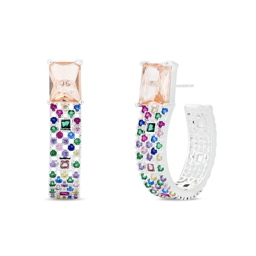 Brinco De Prata Leve Argola com Zircônia Retangular Rosé