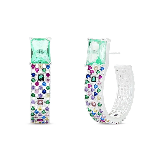 Brinco De Prata Leve Argola Oval com Zircônias Coloridas