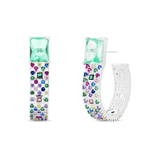 Brinco De Prata Leve Argola Oval com Zircônias Coloridas