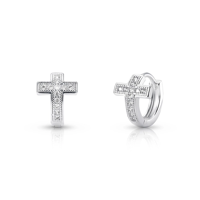 Brinco De Prata Leve Argola Clic Cruz com Zircônia Cristal