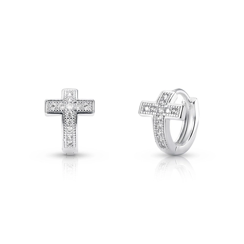 Brinco De Prata Leve Argola Clic Cruz com Zircônia Cristal