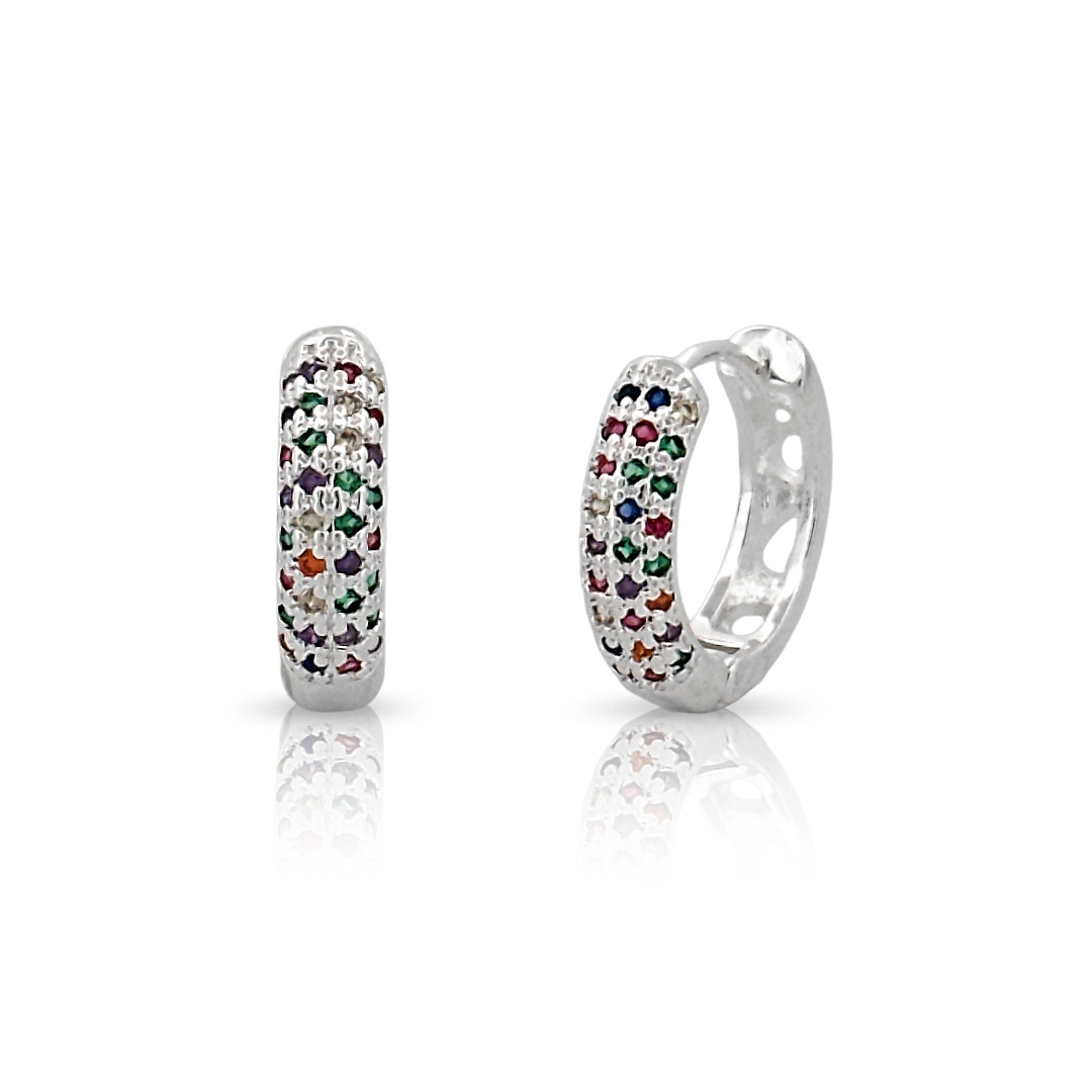 Brinco de Prata Leve Argola Click com Zircônias Coloridas Cravejadas