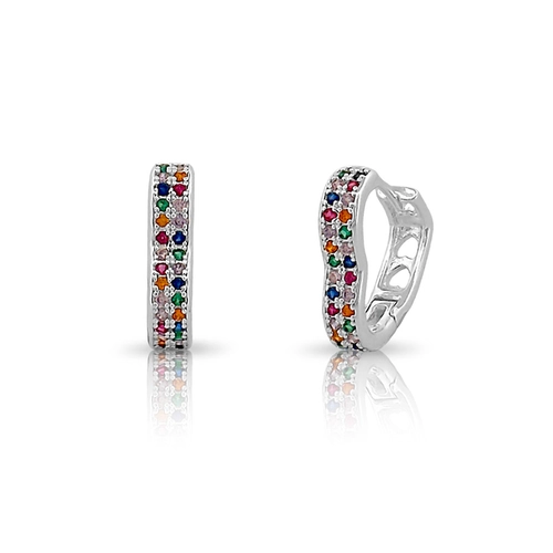 Brincos de Prata Leve Argola Click Coração com Zircônias Coloridas