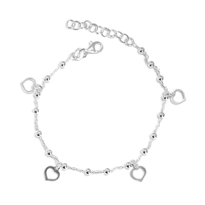 Pulseira de Prata com Esferas Espelhadas e Corações Vazados