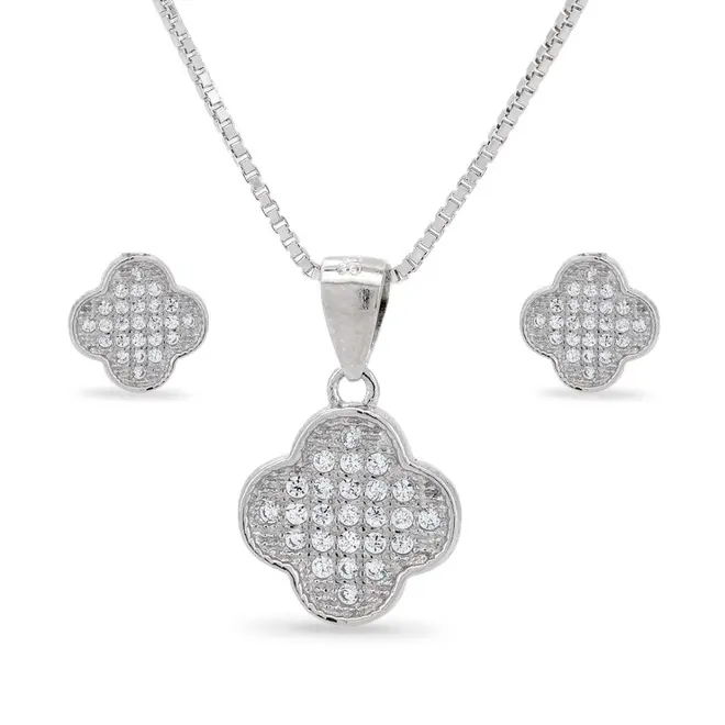 Conjunto de Prata Flor Cravejado com Zircônias Cristal