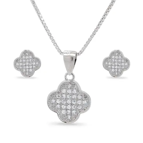 Conjunto de Prata Flor Cravejado com Zircônias Cristal