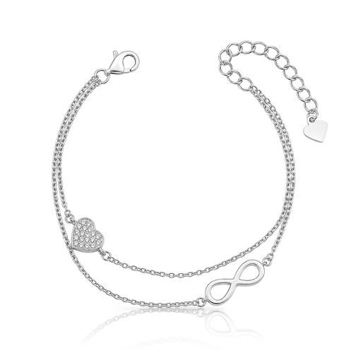 Pulseira Dupla Símbolo do Infinito e Coração Cravejado com Zircônias Cristal