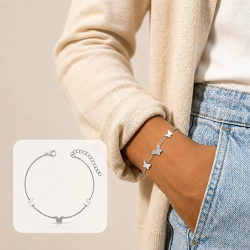 Pulseira Borboletas Espelhadas e Zircônias Cristal