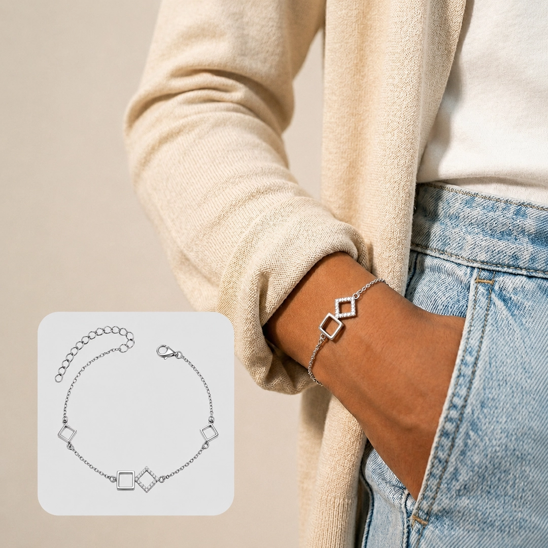 Pulseira Losangos e Quadrado Espelhado com Zircônias Cristal