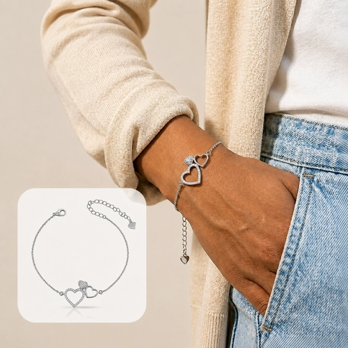 Pulseira Coração Triplo com Zircônias Cristal