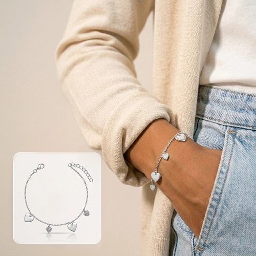 Pulseira com Pingentes de Corações Espelhados e Zircônias Cristal