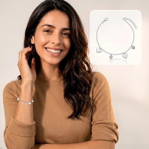 Pulseira com Pingentes de Corações Espelhados e Zircônias Cristal