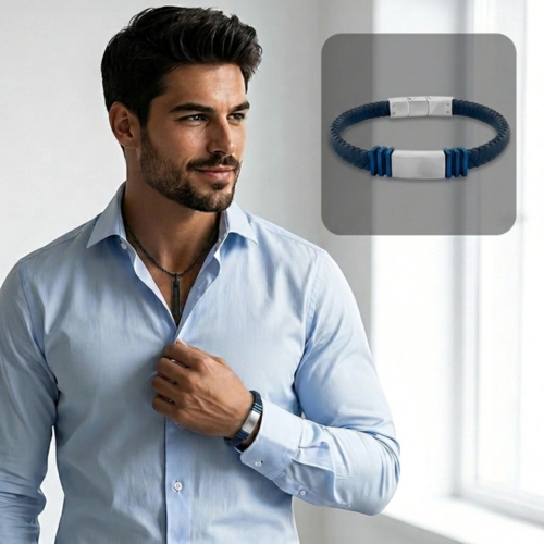 Bracelete de Couro Azul Trançado com Placa Fosca