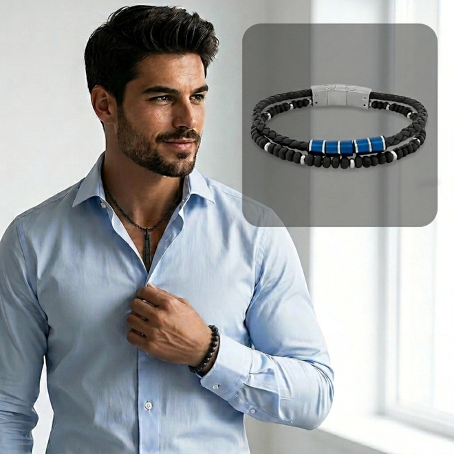 Bracelete Duplo Couro Preto Trançado Com Esferas e trabalhado Com Carbonado Azul