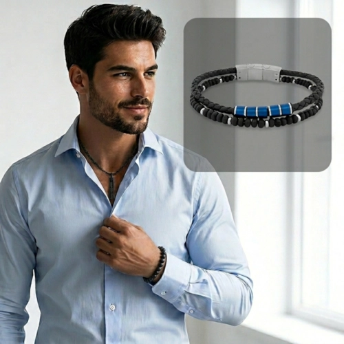 Bracelete Duplo Couro Preto Trançado Com Esferas e trabalhado Com Carbonado Azul