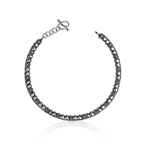 Pulseira De Prata Estilo Bali Com Flor Envelhecida e Coração Duplo
