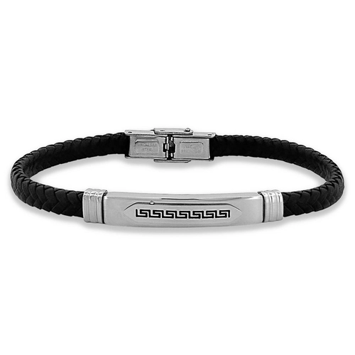 Bracelete de Aço Couro Preto Trançado Com Placa Trabalhada