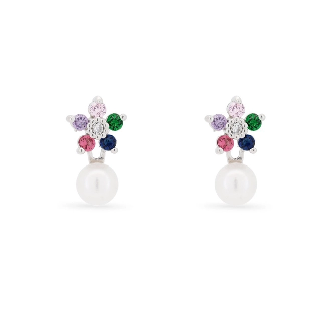 Brinco de Prata Flor com Zircônias Coloridas e Pérola Biwa